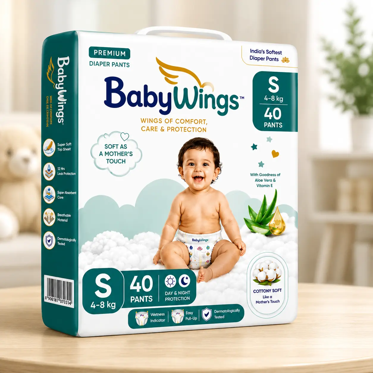 BabyWings Premium Diaper Pants – Small (S) | 4–8 kg | 40 Pants